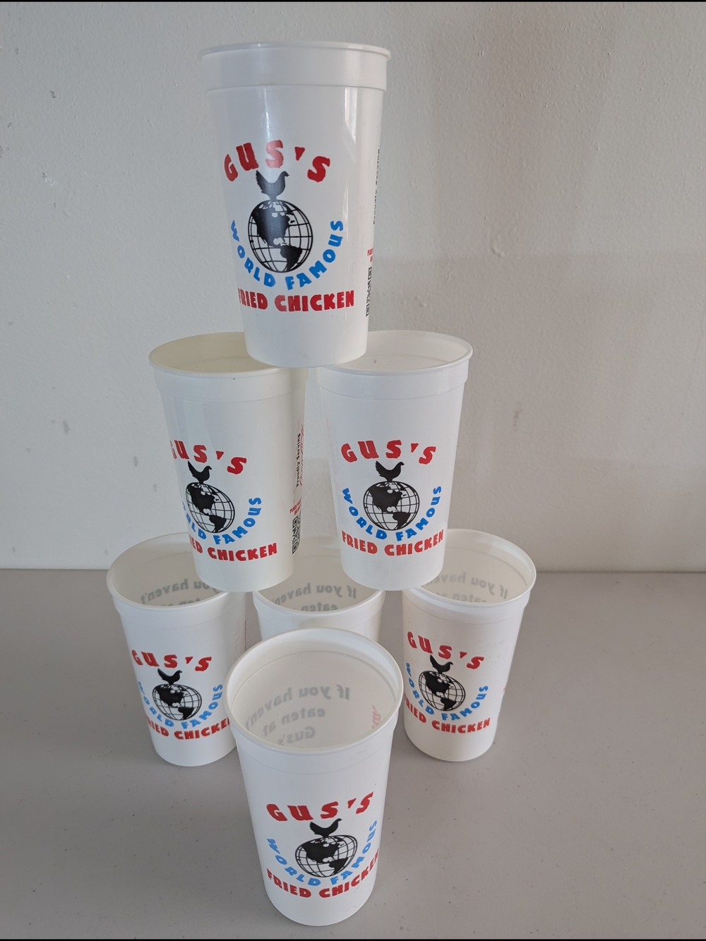 Gus’s World Famous Fried Chicken Plastic Cups White Reusable - Set of 7